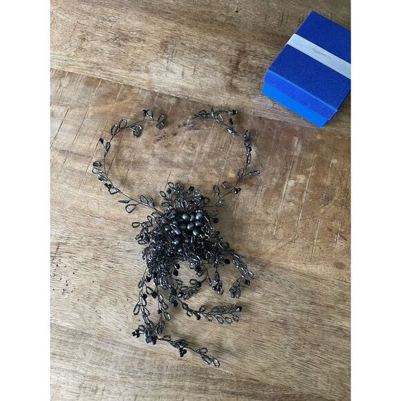 Handmade Black Beaded Necklace | Baroque Pearl Floral Bib | Gothic Wire Choker - Picture 3 of 5
